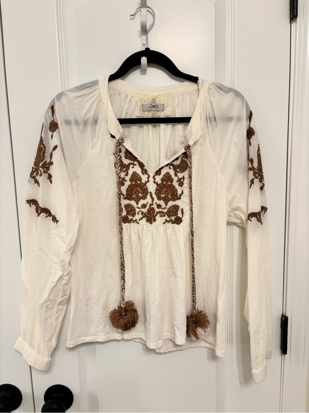 Cubio Cream Peasant Blouse with Brown Embroidery